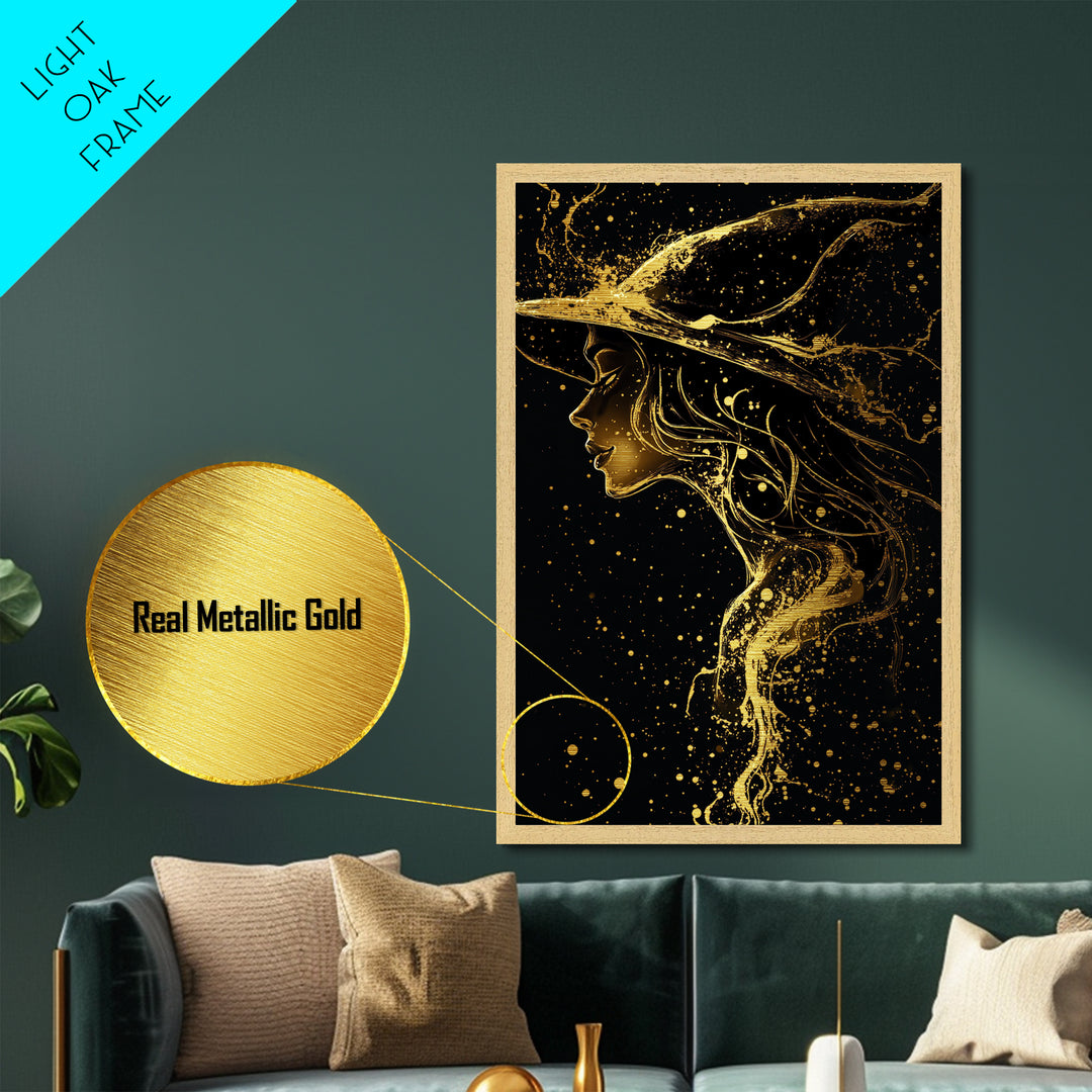 Halloween Metallic Gold Art Witch Silhouette | Spooky Metal Art | Haunted Gothic Wall Decor in Authentic Wood Frame