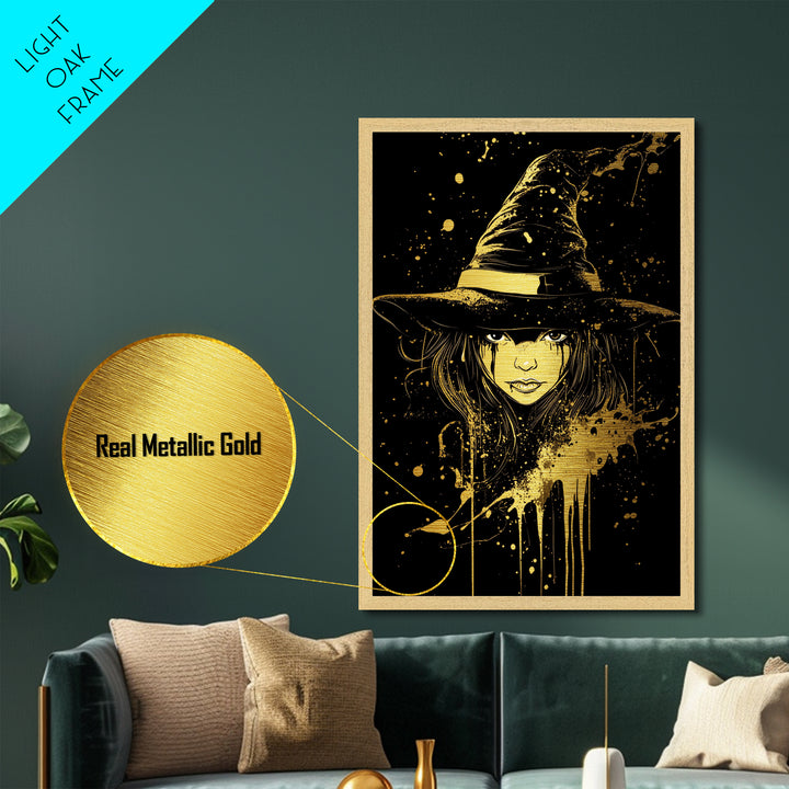 Creepy Metallic Gold Art | Horror Metal Art Witch Portrait | Gothic Spooky Season Wall Hanging with Real Wood Framing