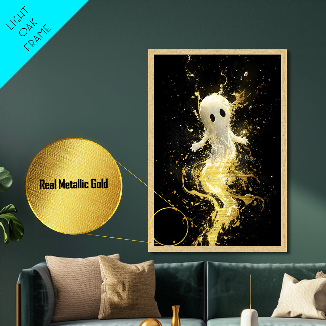 Cute Ghost Floating in Gold Splatter – Metallic Gold Art, Halloween Metal Art Print with Real Wood Frame, Whimsical Spooky Decor