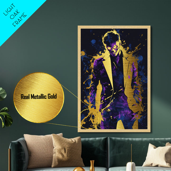 Skeleton Suit Horror Man Metallic Gold Art Metal Art Halloween Wall Decor Spooky Haunted Villain Character in Real Wood Frame