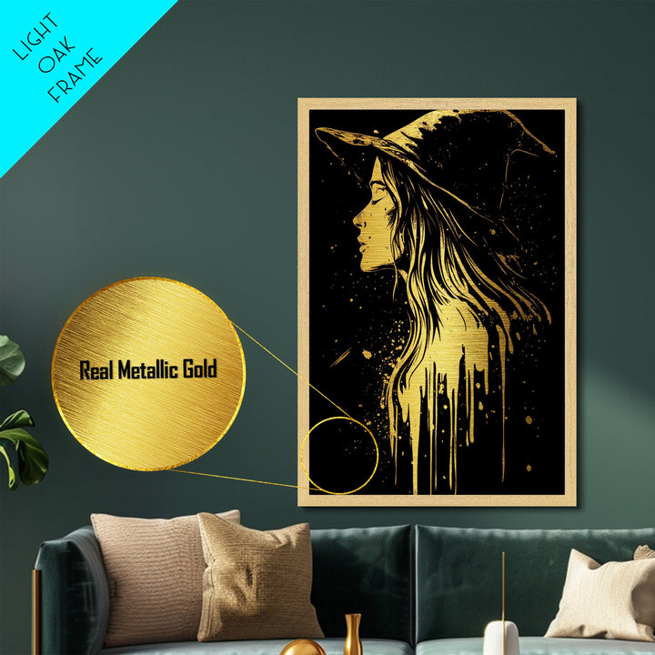 Halloween Metallic Gold Art | Witch Silhouette Metal Art | Spooky Haunted Gothic Wall Print in Handcrafted Real Wood Frame