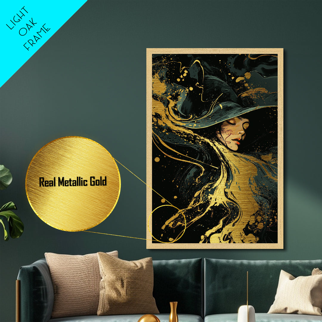 Flowing Witch Metallic Gold Art Wall Hanging, Gothic Spooky Season Metal Art, Halloween Witch Portrait in Wood Frame