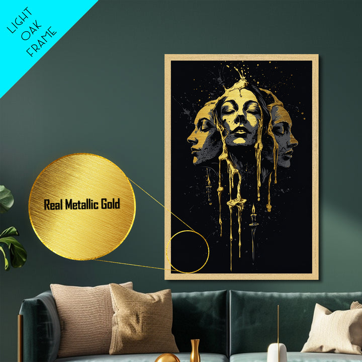 Triple Moon Goddess Metallic Gold Art, Haunted Season Metal Art Print, Spooky Halloween Wall Décor in Real Wood Frame