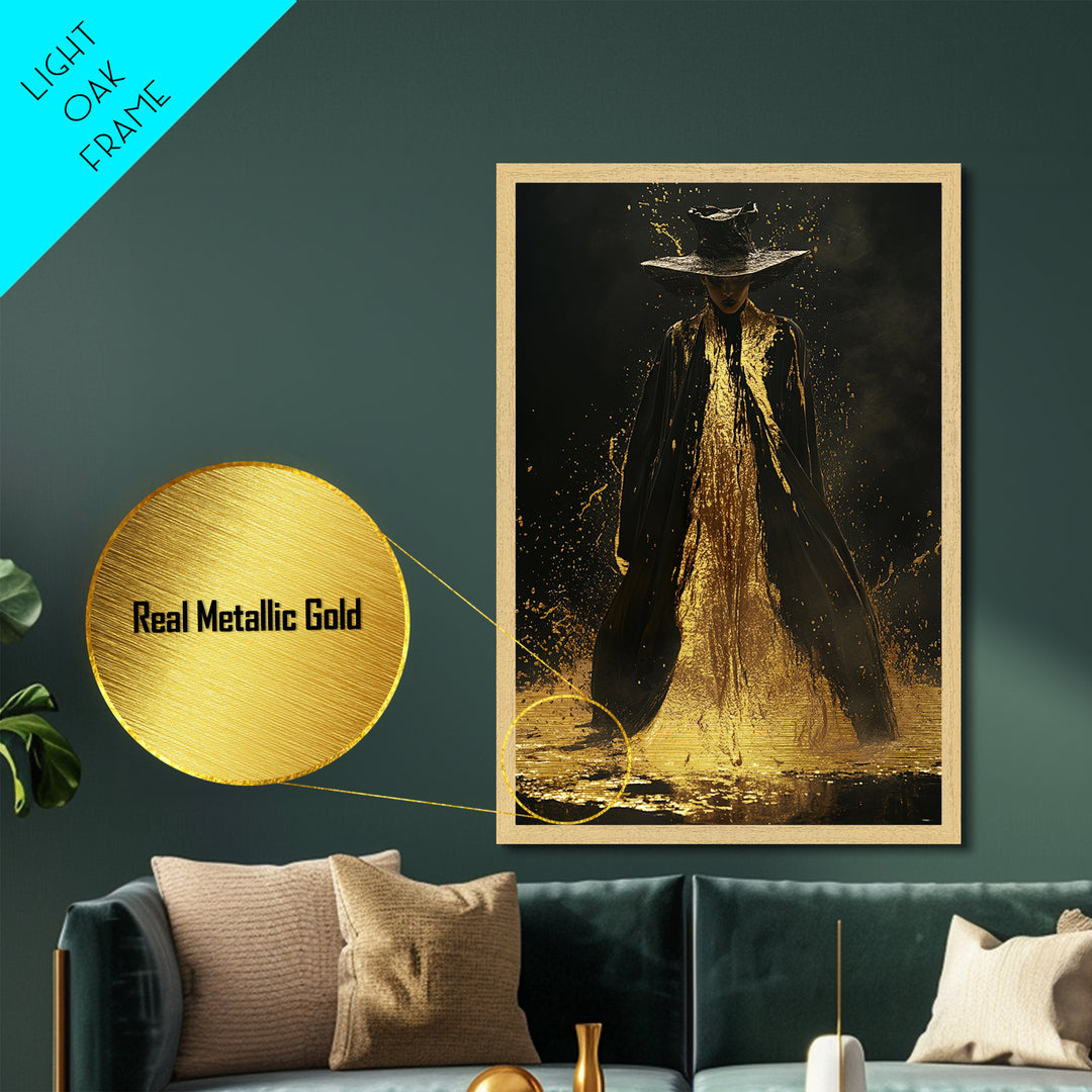 Mystic Witch Metallic Gold Art Wall Print, Gothic Spooky Metal Art, Halloween Enchanted Portrait with Solid Wood Frame