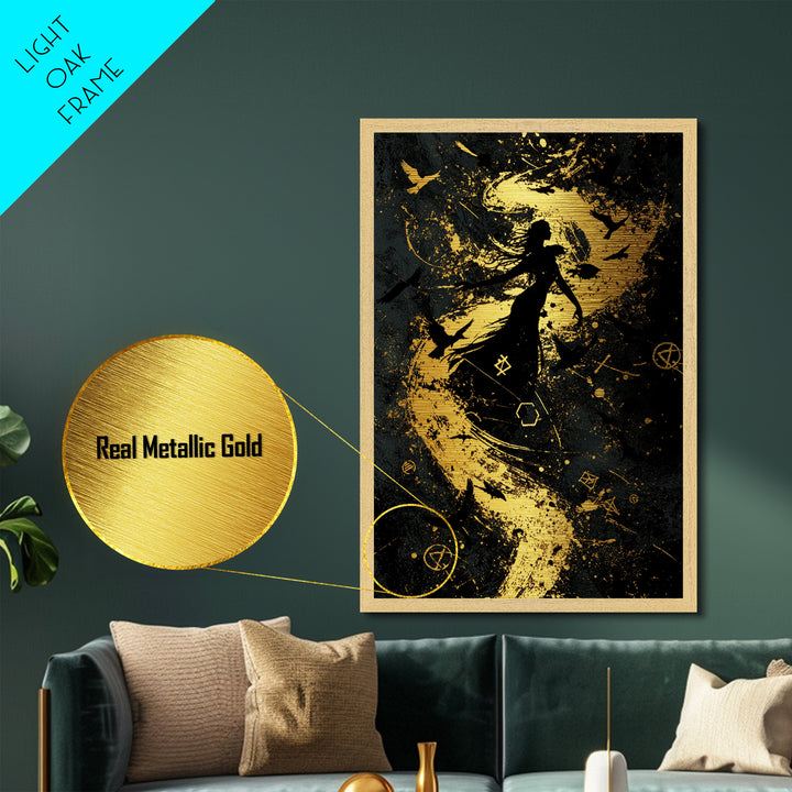 Occult Witch Metallic Gold Art Print, Spooky Season Metal Art, Gothic Halloween Wall Hanging Framed in Real Wood