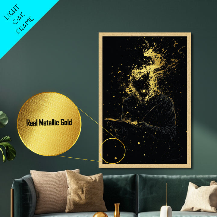 Gothic Witch Metallic Gold Art, Occult Halloween Metal Art Wall Hanging, Spooky Season Print in Real Wooden Frame