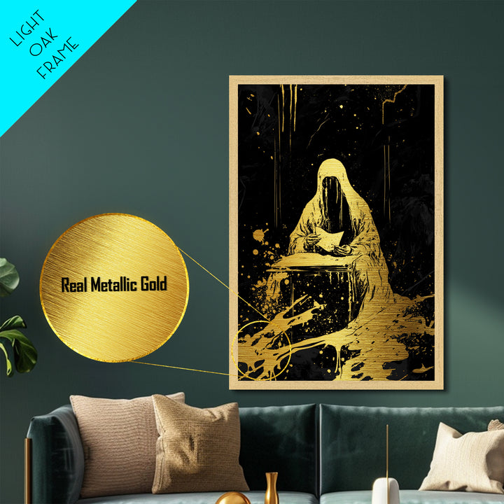 Grim Reaper Reading Gothic Metallic Gold Art Metal Art Creepy Haunted Wall Print with Real Wood Frame for Spooky Season