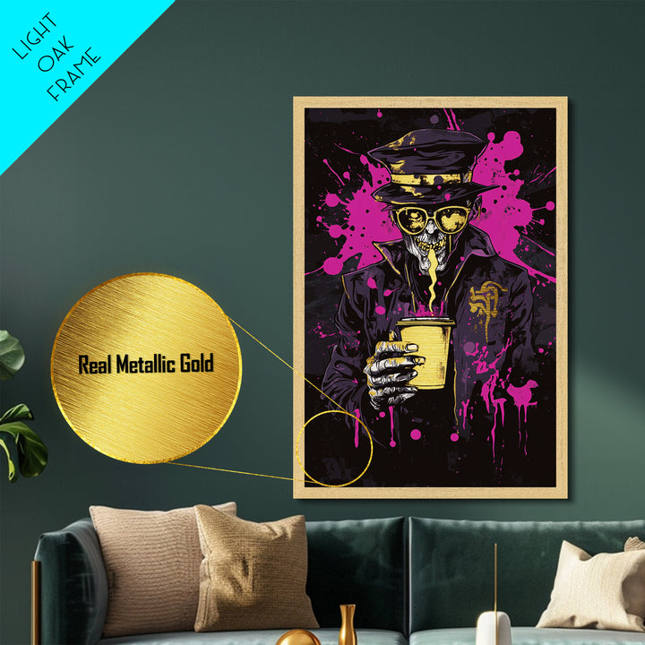 Skeleton Bartender Metallic Gold Art Metal Art Gothic Skull Drinking Print Halloween Spooky Decor with Natural Wood Frame