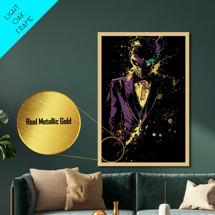 Masked Phantom Metallic Gold Art Metal Art Gothic Mysterious Tuxedo Haunted Portrait Wall Print with Real Wood Frame