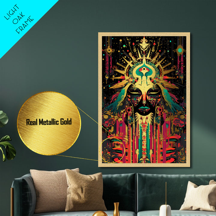 Occult Goddess Metallic Gold Art Metal Art Halloween Spooky Season Wall Art Vibrant Mystical Decor in a Real Wood Frame