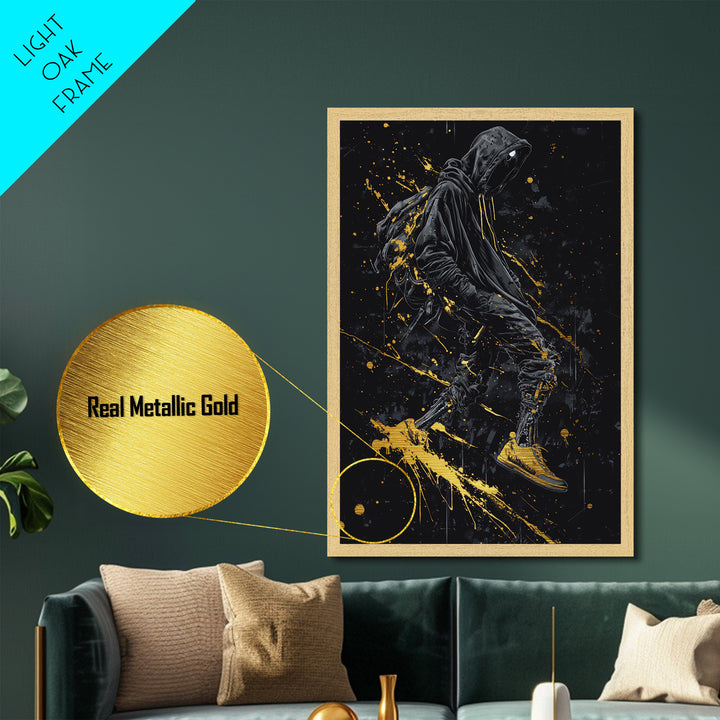 Metallic Gold Art Cyberpunk Hoodie Halloween Wall Decor | Spooky Streetwear Metal Art with Real Wood Frame | Dark Urban Gothic