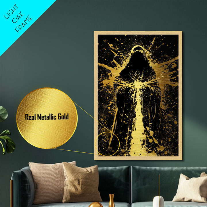 Gothic Reaper Metallic Gold Art | Spooky Halloween Metal Art on Black Canvas | Cloaked Horror Figure Framed in Natural Wood