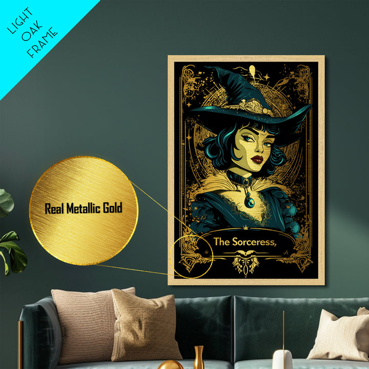Witchy Portrait Metallic Gold Art | Gothic Sorceress Halloween Metal Art | Enchanted Spellcaster in Real Wood Frame