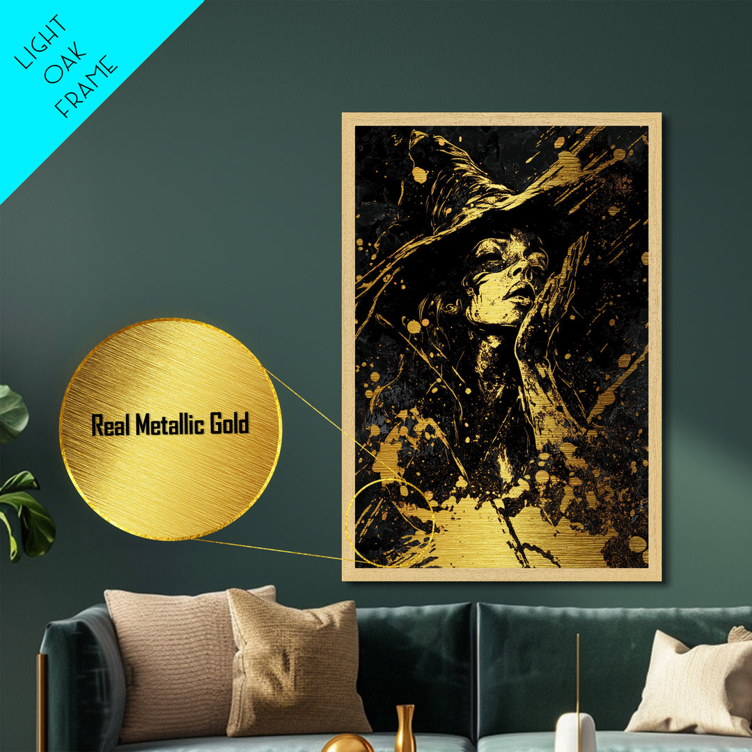 Witch in Shadows Metallic Gold Art | Gothic Halloween Metal Art | Enchanted Sorceress Design Mounted in Real Wood Frame