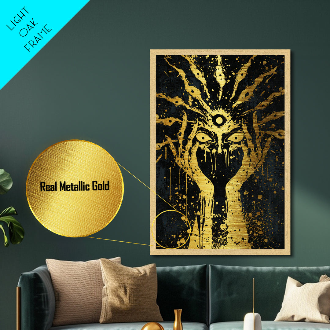 Third Eye Occult Metallic Gold Art | Haunted Horror Halloween Metal Art | Mystical Visionary Witch Framed in Real Wood