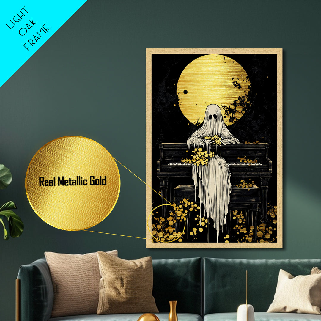 Ghost at Piano Metallic Gold Art | Creepy Gothic Halloween Metal Art | Haunted Spirit Music Scene Framed in Natural Wood