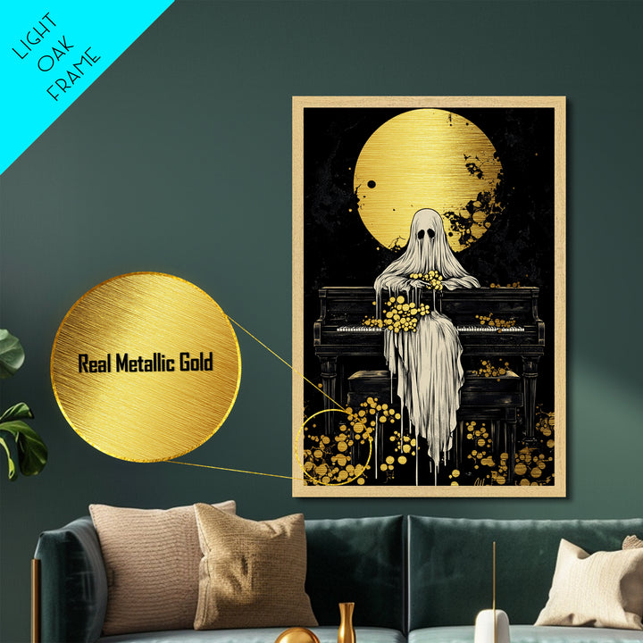 Ghost at Piano Metallic Gold Art | Creepy Gothic Halloween Metal Art | Haunted Spirit Music Scene Framed in Natural Wood