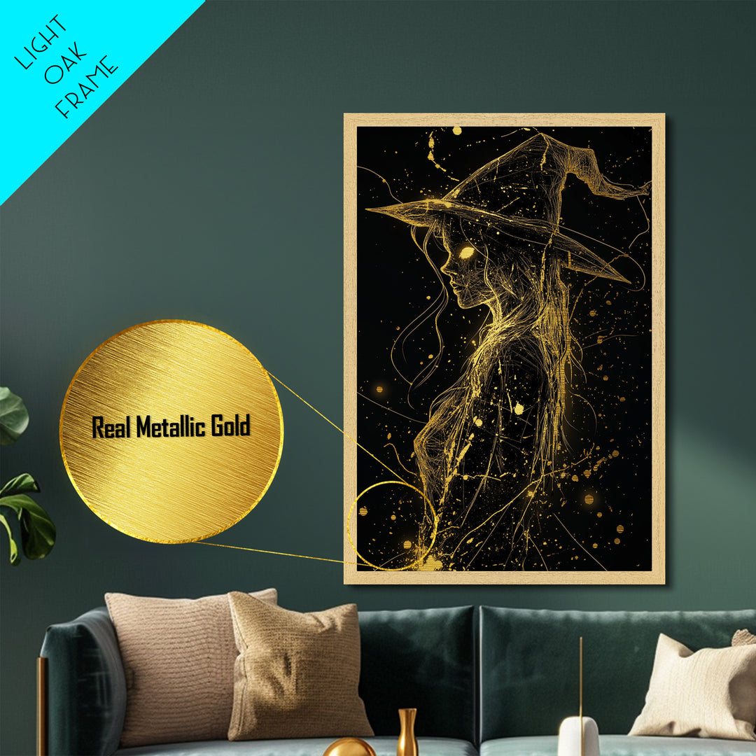 Witch Silhouette Metallic Gold Art | Spooky Season Gothic Halloween Metal Art | Glowing Eyes Framed with Real Wood Detail