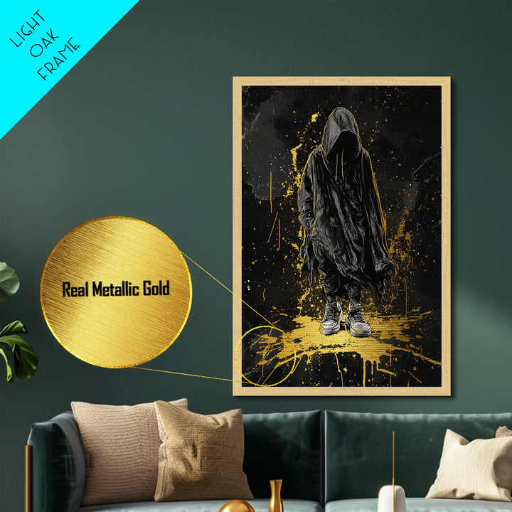 Metallic Gold Art Hooded Phantom Halloween Wall Art | Creepy Spooky Season Metal Art with Real Wood Frame | Haunted Horror Decor
