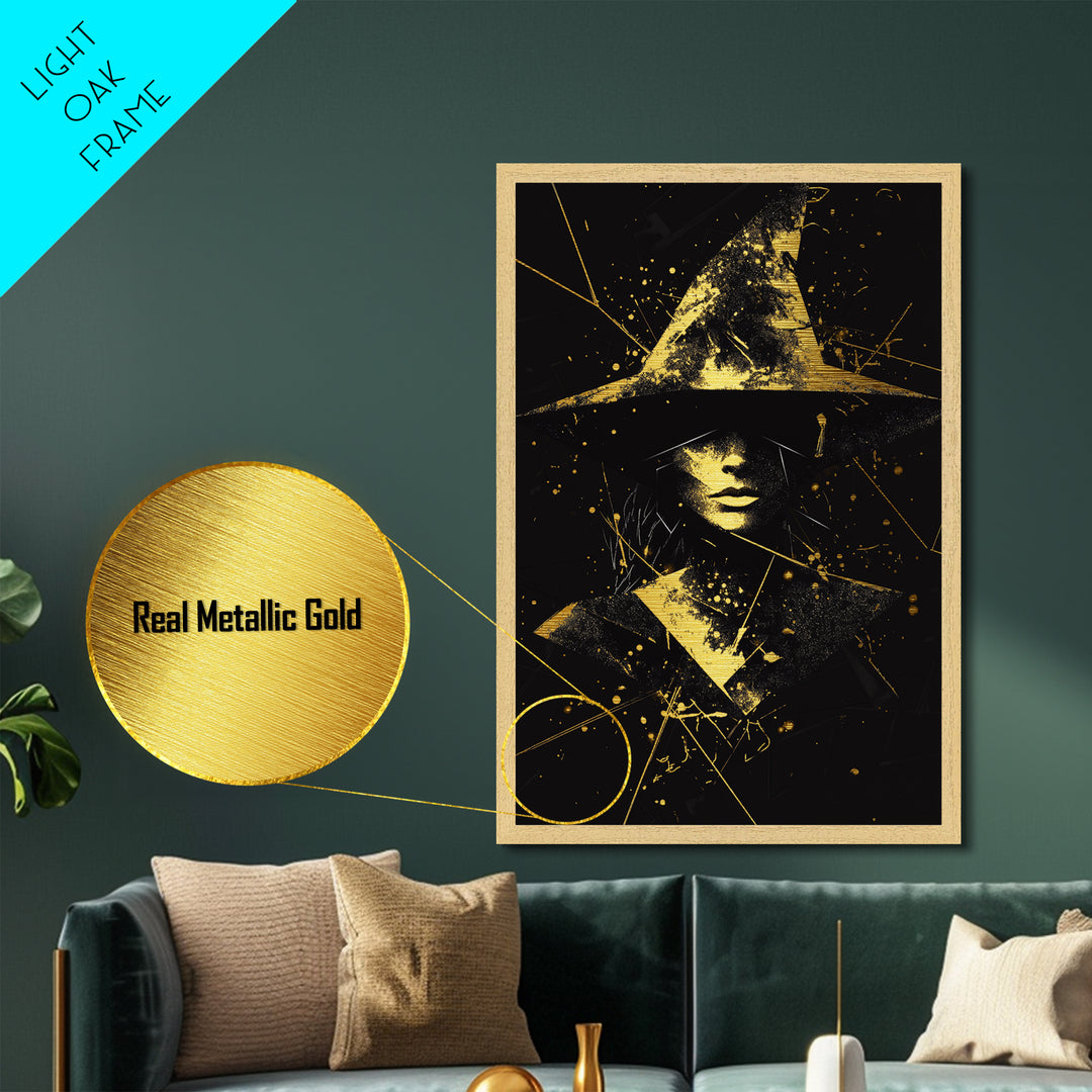 Mystic Witch Metallic Gold Art | Gothic Halloween Metal Art | Witchy Abstract Portrait with Hat Framed in Natural Wood
