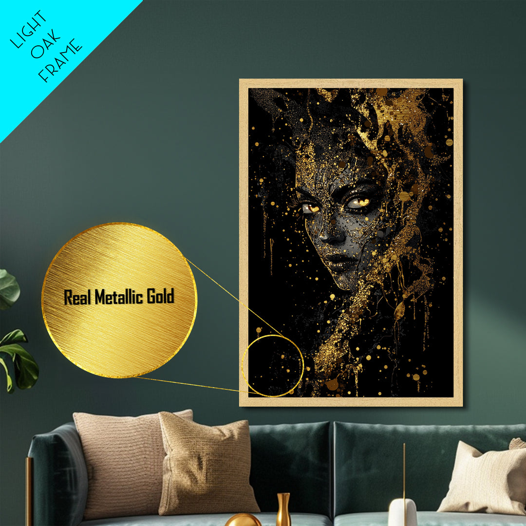 Haunted Gothic Witch Portrait Metallic Gold Art Metal Art Framed in Natural Wood Spooky Season Halloween Wall Decor