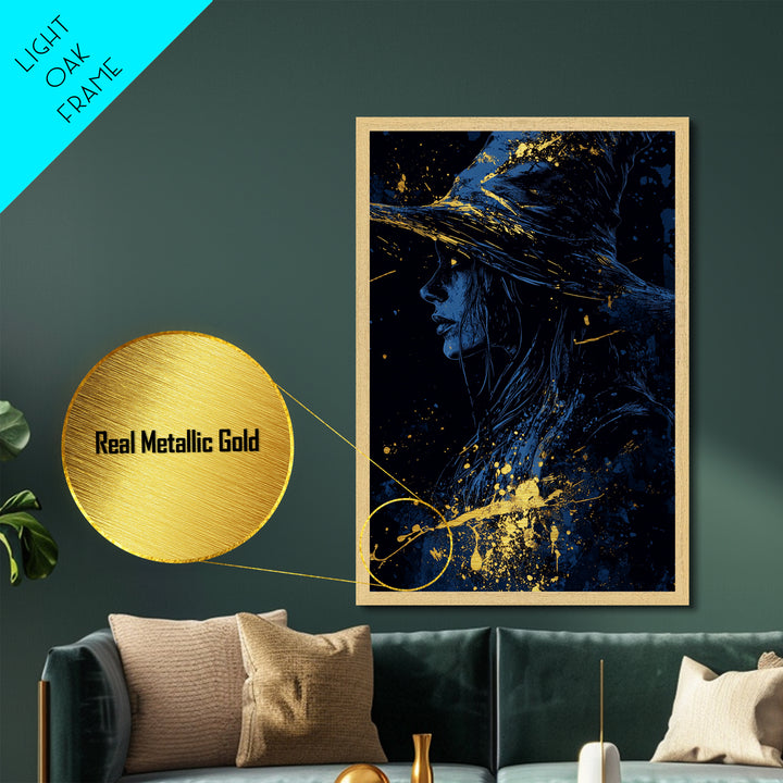 Witchy Woman Halloween Artwork Metallic Gold Art Metal Art in Real Wood Frame Creepy Spooky Gothic Horror Wall Hanging