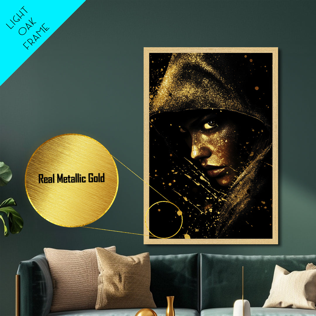 Creepy Gothic Hooded Witch Portrait Metallic Gold Art Metal Art Halloween Horror Artwork with Real Wood Framing