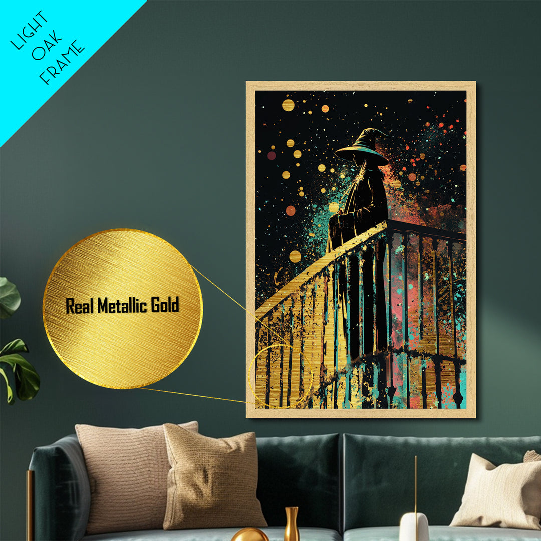 Haunted Staircase Witch Portrait Metallic Gold Art Metal Art Creepy Gothic Halloween Wall Decor in Real Wood Frame