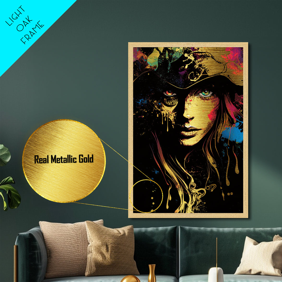 Halloween Horror Witch Face Metallic Gold Art Metal Art Spooky Gothic Haunted Artwork Framed with Natural Wood