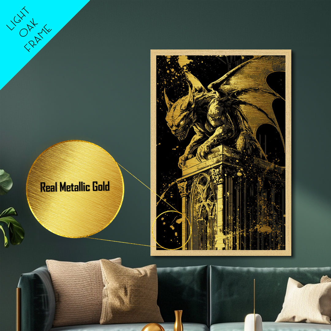 Metallic Gold Art Gargoyle Halloween Wall Art | Gothic Monster Metal Art with Real Wood Frame | Spooky Dark Fantasy Haunted Decor