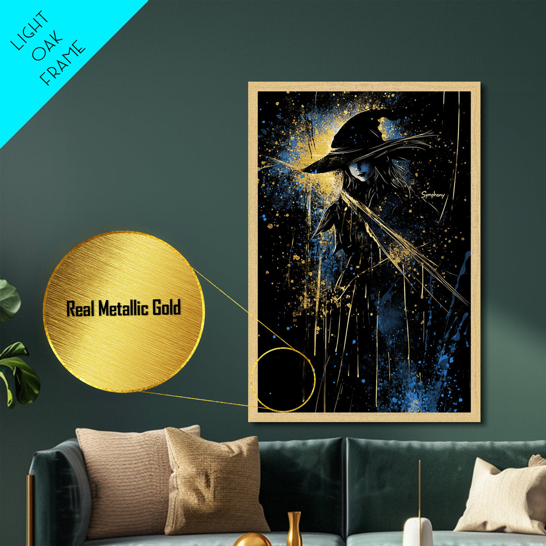 Witchy Gothic Halloween Wall Art Metallic Gold Art Metal Art Spooky Season Decor Portrait Framed in Solid Real Wood