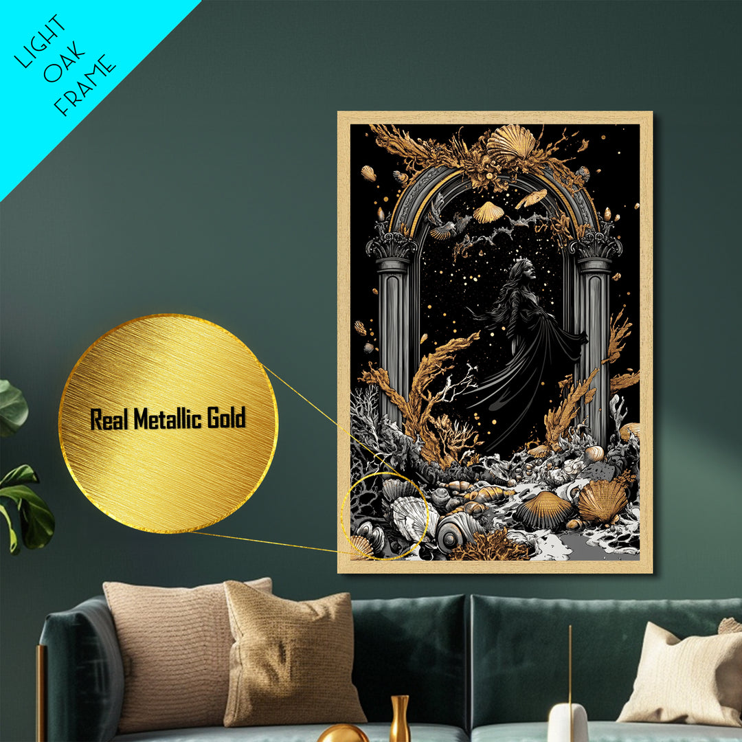Gothic Arch Witch Metallic Gold Art | Haunted Coral Sea Metal Art | Halloween Wall Décor Framed in Real Wood