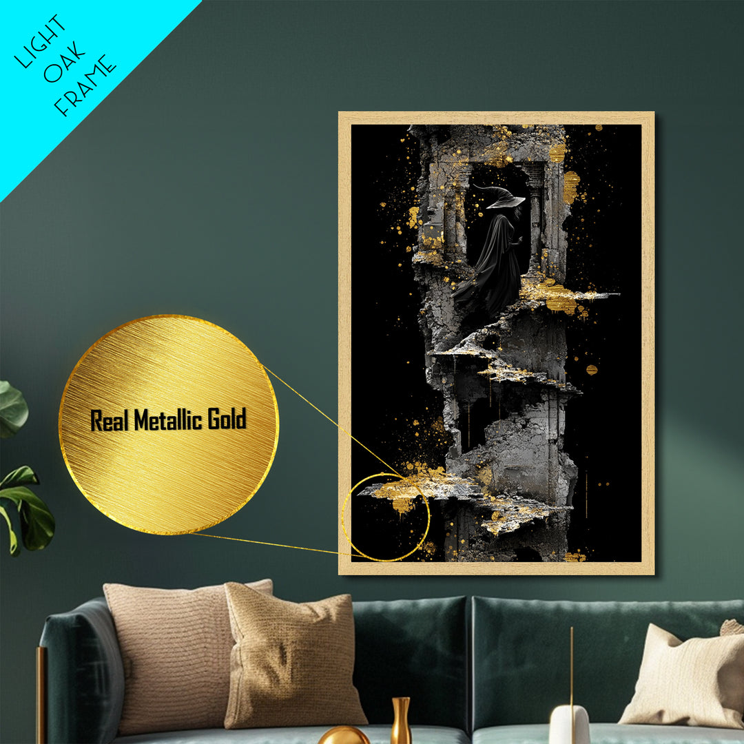 Witch in Ruins Metallic Gold Art | Haunted Staircase Gothic Metal Art | Spooky Halloween Wall Hanging with Real Wood Frame