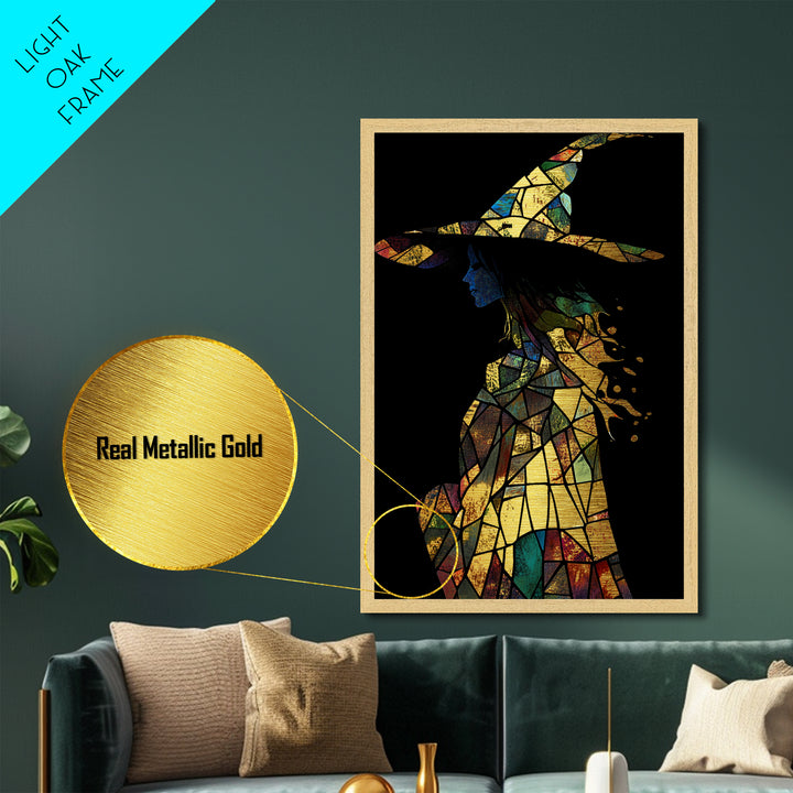 Stained Glass Witch Silhouette | Vibrant Halloween Metallic Gold Art | Witchy Metal Art in Natural Wood Frame