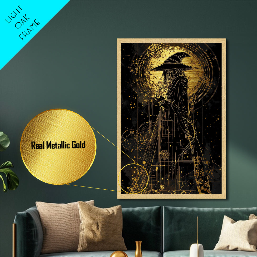 Celestial Witch Metallic Gold Art | Occult Magic Circles Metal Art | Gothic Halloween Wall Print with Real Wood Frame