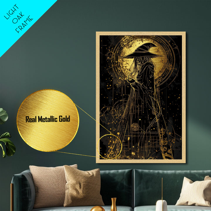 Celestial Witch Metallic Gold Art | Occult Magic Circles Metal Art | Gothic Halloween Wall Print with Real Wood Frame