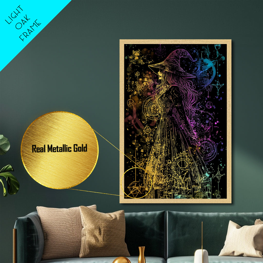 Rainbow Witch Aura Metallic Gold Art | Spooky Sorcery Metal Art | Halloween Witch Wall Décor Framed in Natural Wood