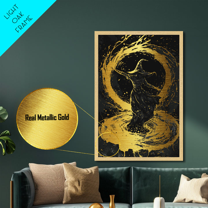 Witch Casting Spell Metallic Gold Art | Enchanted Magic Circle Metal Art | Gothic Halloween Wall Hanging with Wood Frame