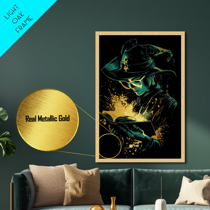 Witch Reading Spellbook Metallic Gold Art | Gothic Sorcery Metal Art | Halloween Wall Décor in Framed Real Wood