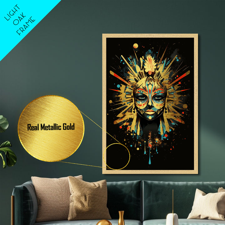 Mystical Mask Metallic Gold Art | Haunted Masquerade Metal Art | Halloween Witchy Wall Décor in Natural Wood Frame