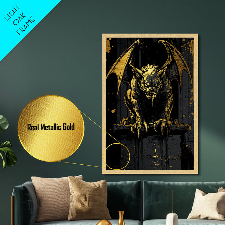 Metallic Gold Art Gargoyle Statue Halloween Wall Decor | Scary Gothic Metal Art with Real Wood Frame | Dark Spooky Haunted Artwork