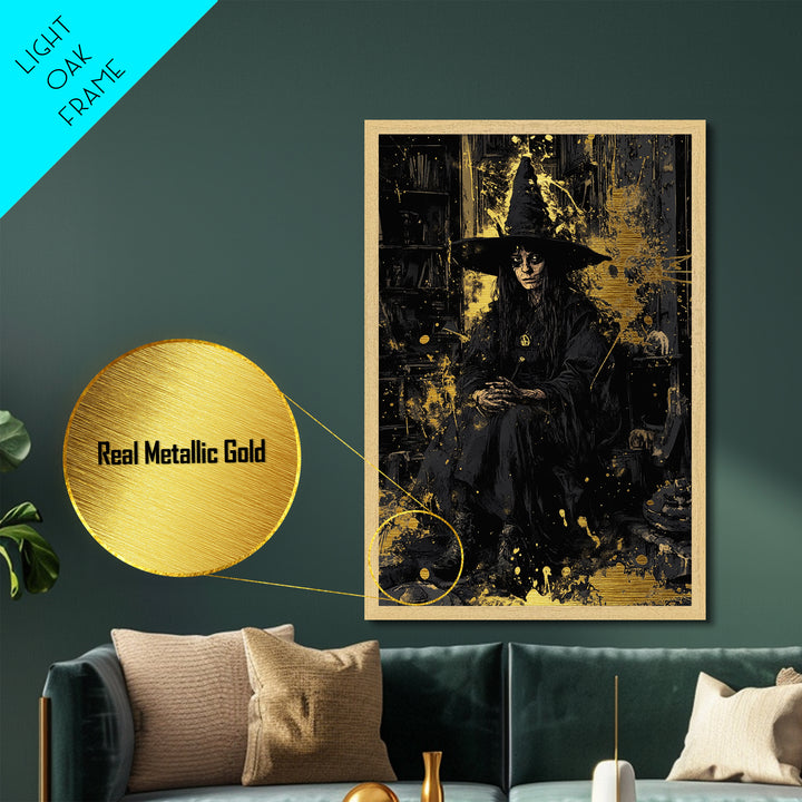 Dark Gothic Witch Metallic Gold Art | Spooky Sorceress Metal Art | Halloween Wall Hanging with Real Wood Frame