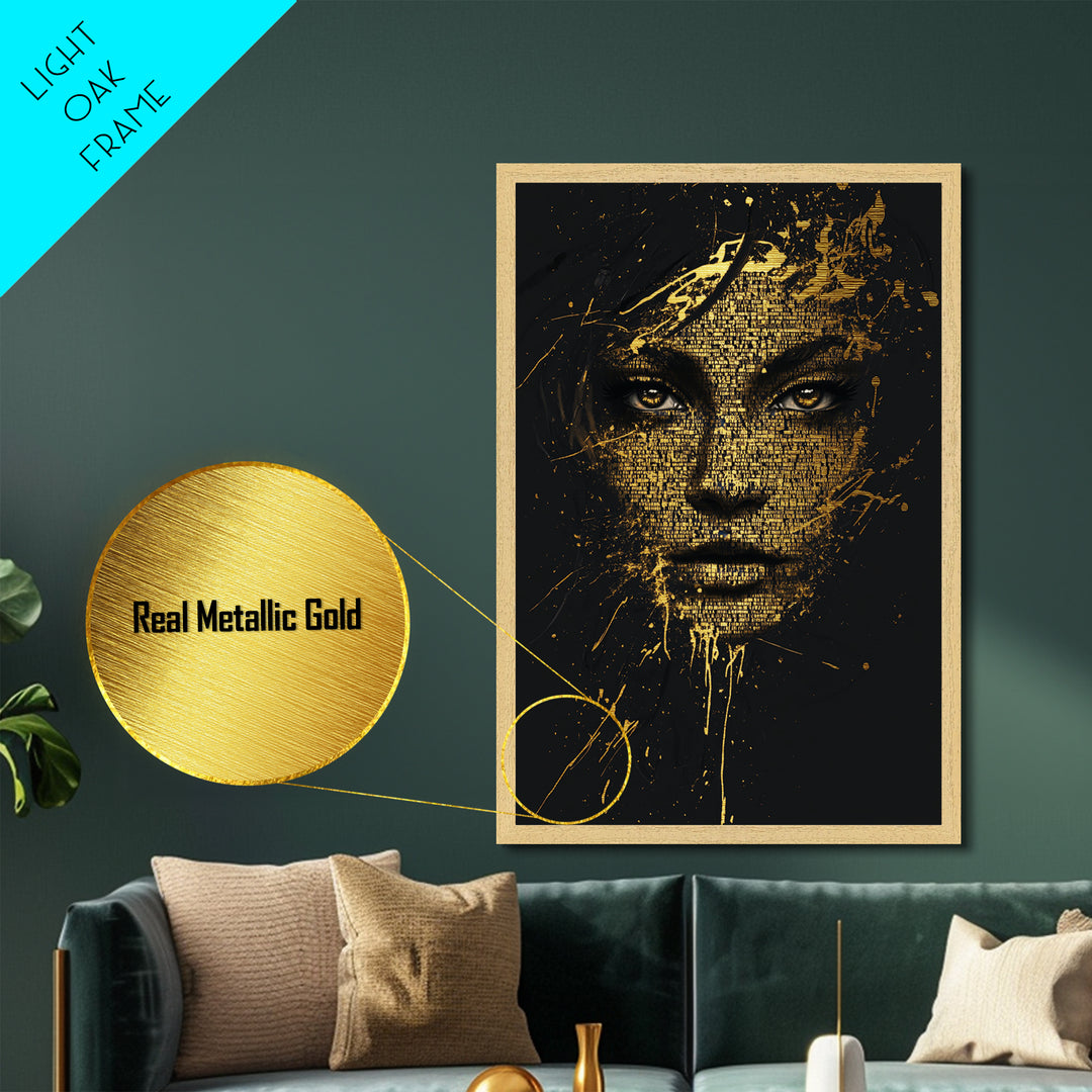 Witchy Halloween Portrait Metallic Gold Art, Gothic Spooky Wall Decor Metal Art Framed In Natural Wood For Haunted Home Style