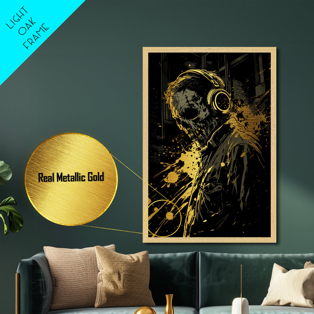 Haunted Skull With Headphones Metallic Gold Art, Creepy Music Lover Metal Art In Real Wood Frame, Gothic Horror Halloween Decor