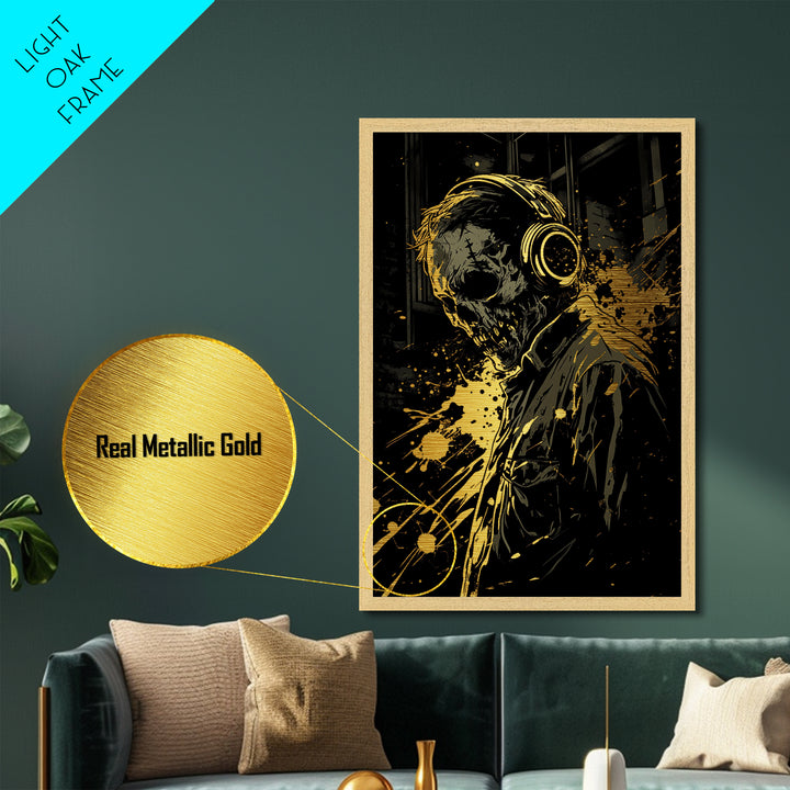 Haunted Skull With Headphones Metallic Gold Art, Creepy Music Lover Metal Art In Real Wood Frame, Gothic Horror Halloween Decor