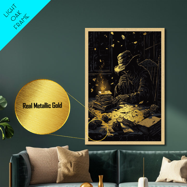 Grim Reaper Candlelight Study Metallic Gold Art, Gothic Horror Metal Art Framed In Rustic Wood, Spooky Halloween Skeleton Decor