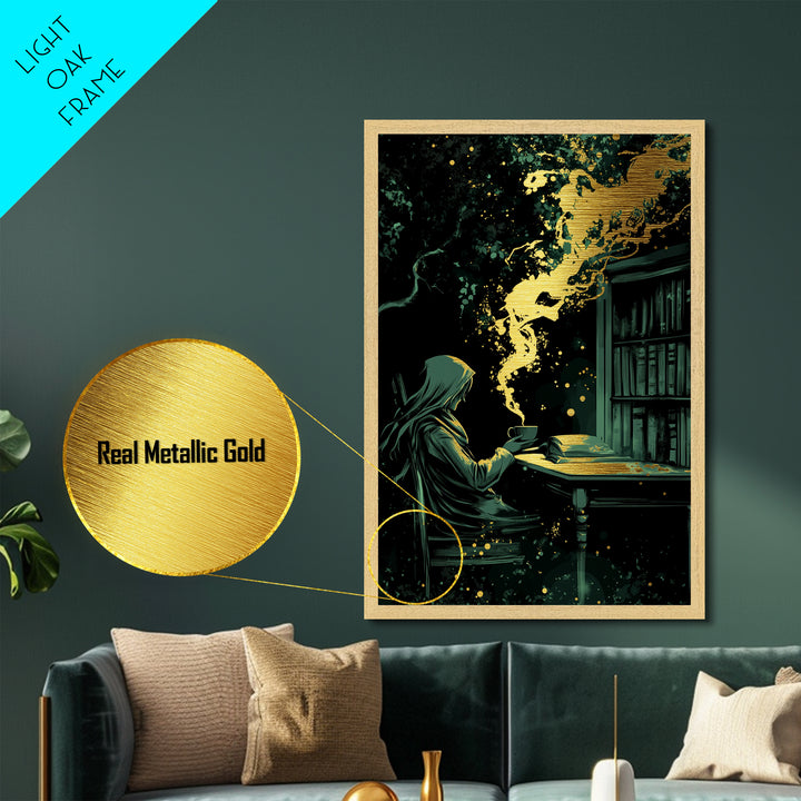 Mystical Witch Reading Metallic Gold Art, Spooky Gothic Library Scene Metal Art In Handcrafted Real Wood Frame For Halloween