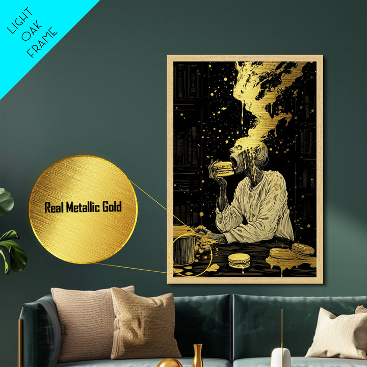 Ghastly Feast Burger Metallic Gold Art, Creepy Halloween Dining Metal Art Framed In Wood, Spooky Horror Wall Decor For Haunted Homes