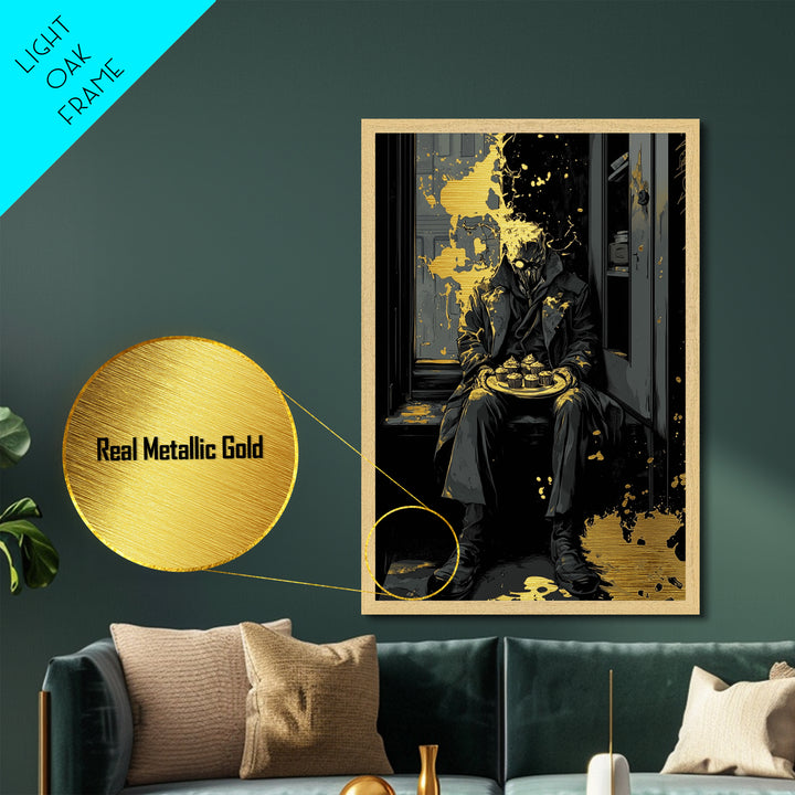 Dark Masked Stranger With Cupcakes Metallic Gold Art, Gothic Horror Metal Art Halloween Accent Framed In Authentic Wood Frame