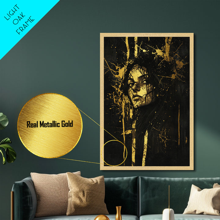 Metallic Gold Art Haunted Woman Portrait Wall Decor | Spooky Gothic Metal Art with Real Wood Frame | Halloween Witchy Dark Aesthetic